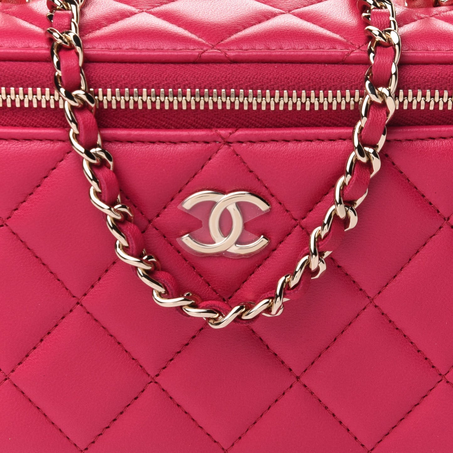 Lambskin Quilted Small Top Handle Vanity Case With Chain Dark Pink