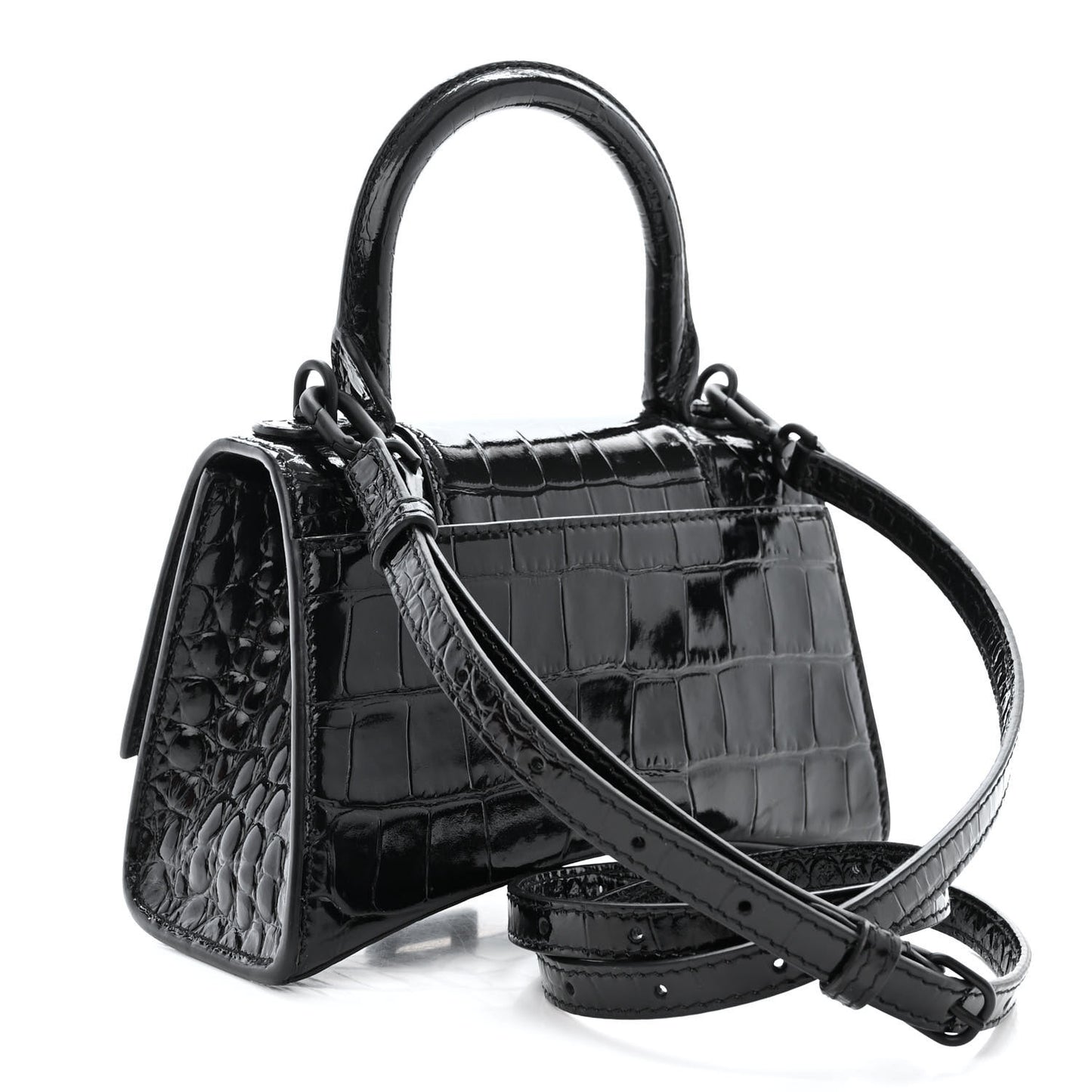 Shiny Calfskin Monochrome Crocodile Embossed Hourglass Top Handle Bag XS Black