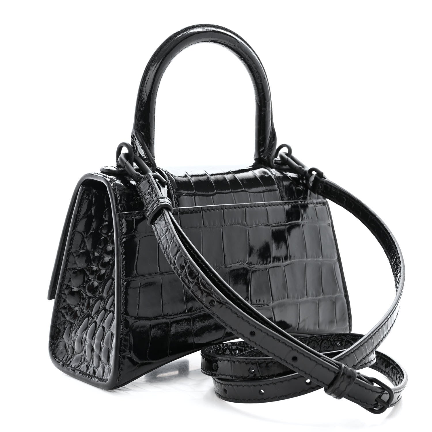 Balenciaga Shiny Calfskin Monochrome Crocodile Embossed Hourglass Top Handle Bag XS Black 3 of 13