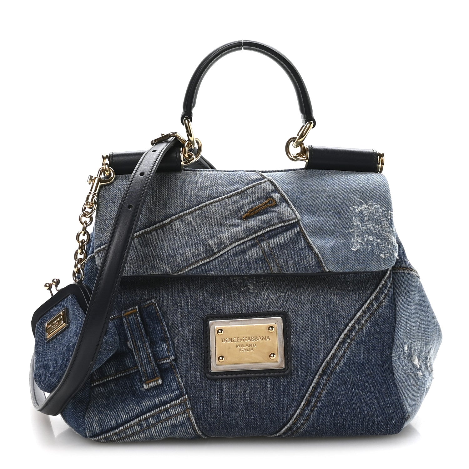 Dolce & Gabbana Calfskin Denim Patchwork Mini Miss Sicily Satchel Blue 1 of 11