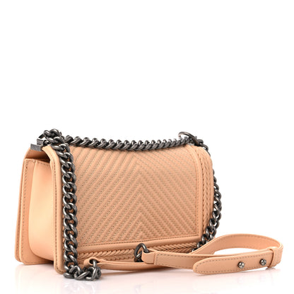 Chanel Calfskin Chevron Quilted Medium Braided Boy Flap Beige 3 of 13