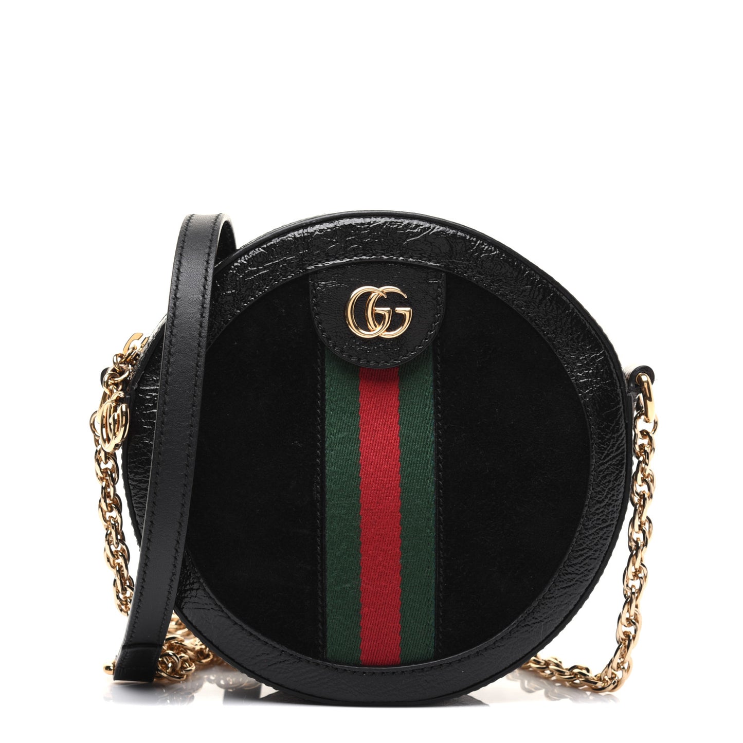 Suede Patent Web Mini Ophidia Round Shoulder Bag Black