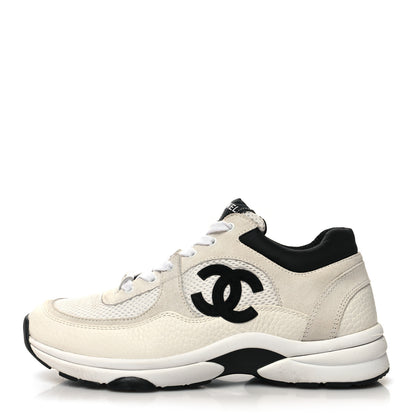 Chanel Mesh Suede Calfskin Grained Calfskin Womens CC Sneakers 39 White Black 1 of 8