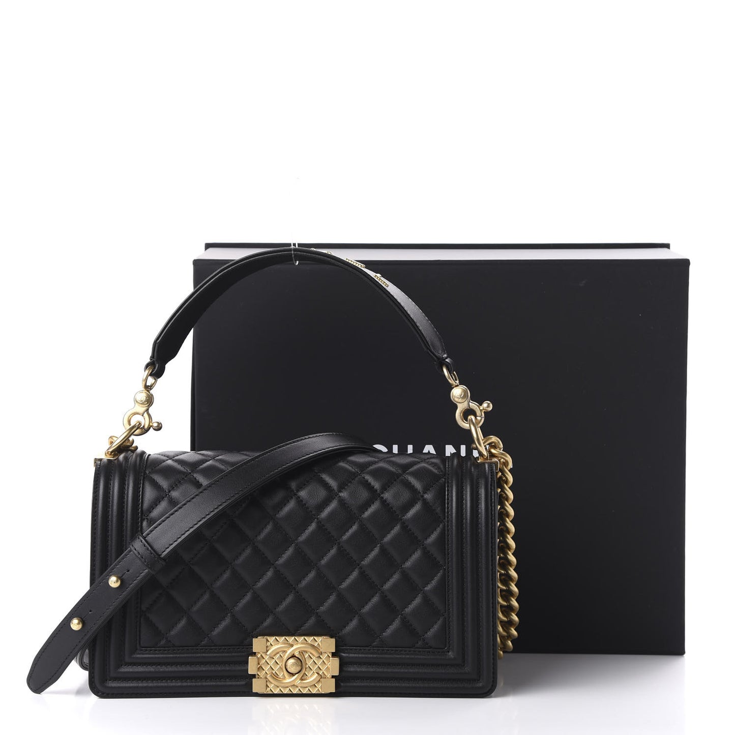 Calfskin Medium Boy Logo Top Handle Flap Black