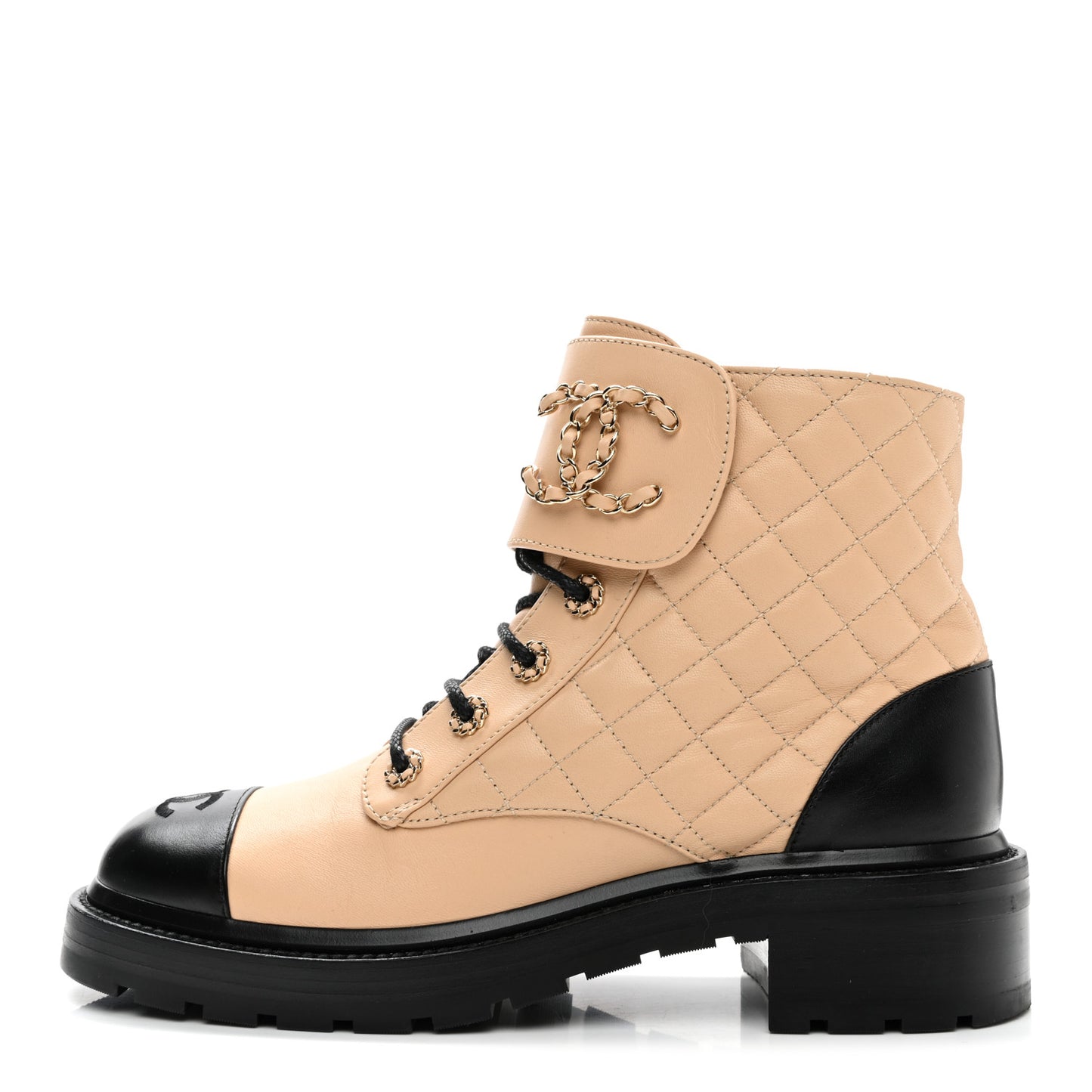 Lambskin Calfskin Quilted Lace Up Combat Boots 41 Beige Black