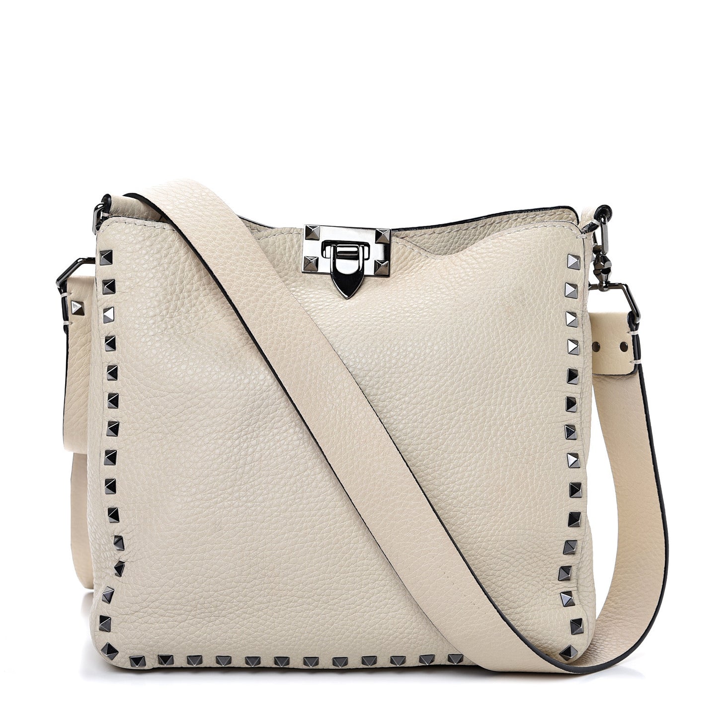 Pebbled Calfskin Small Rockstud Flip-Lock Messenger Bag Light Ivory