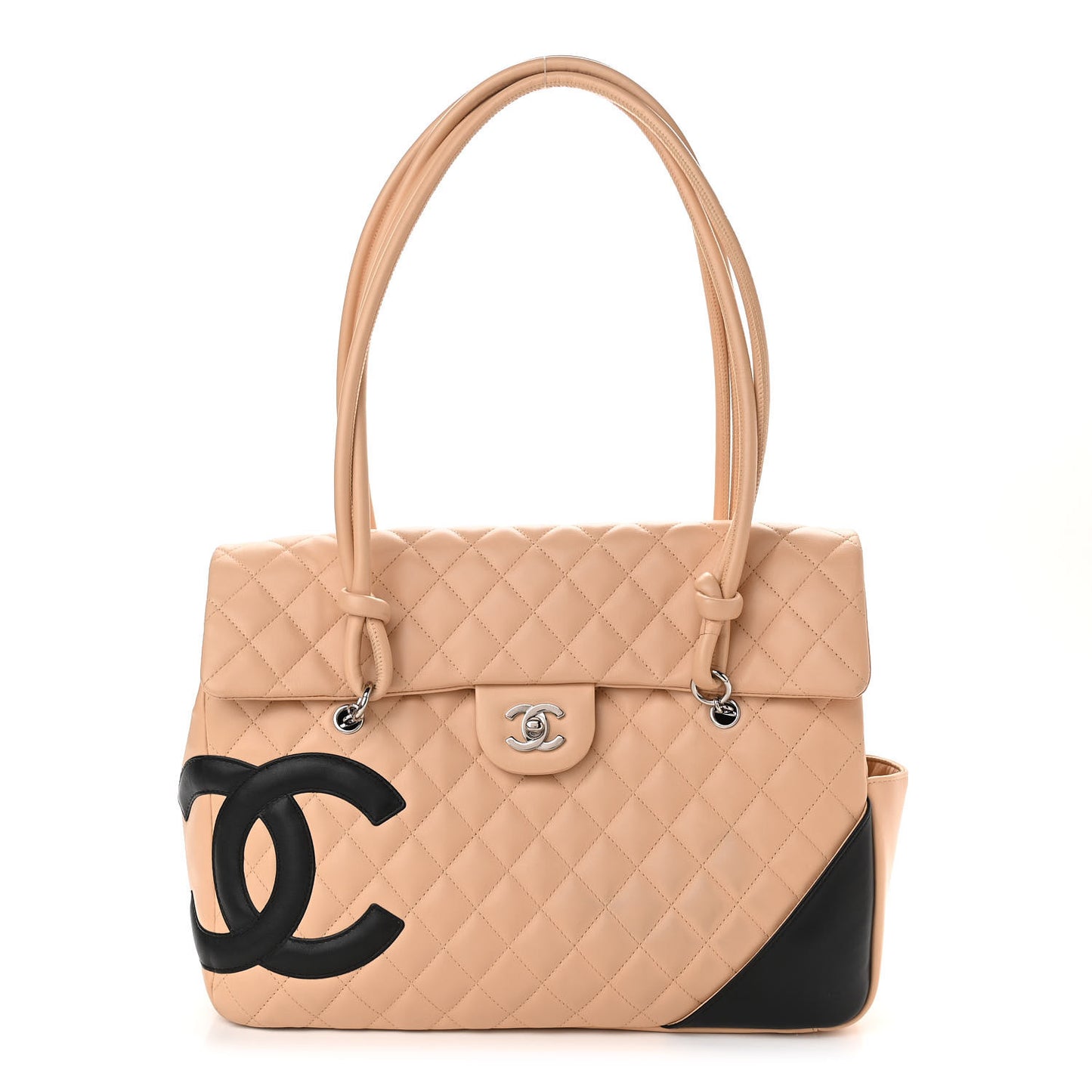 Calfskin Quilted Large Cambon Flap Beige Black
