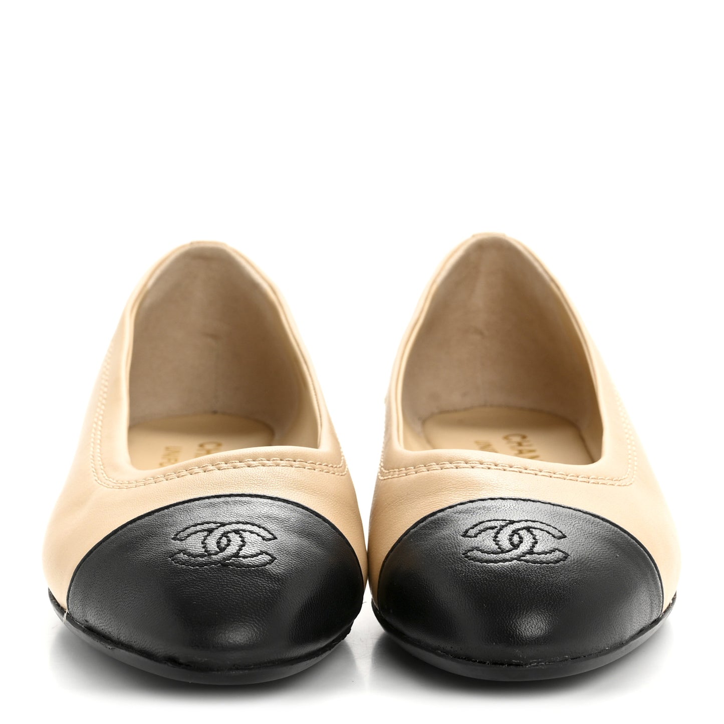 Lambskin Cap Toe CC Uniform Ballerina Flats 37.5 Beige Black