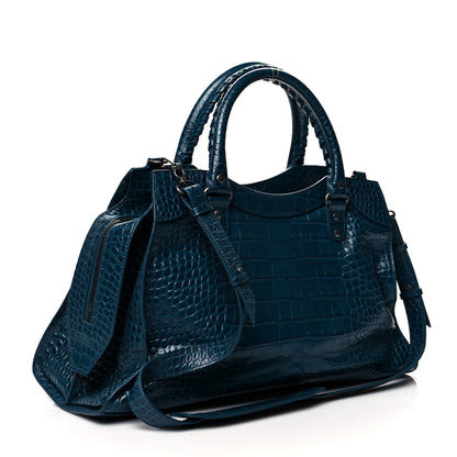 Balenciaga Calfskin Crocodile Embossed Neo Classic Silver Hardware Medium City Dark Petrol Blue 2 of 9