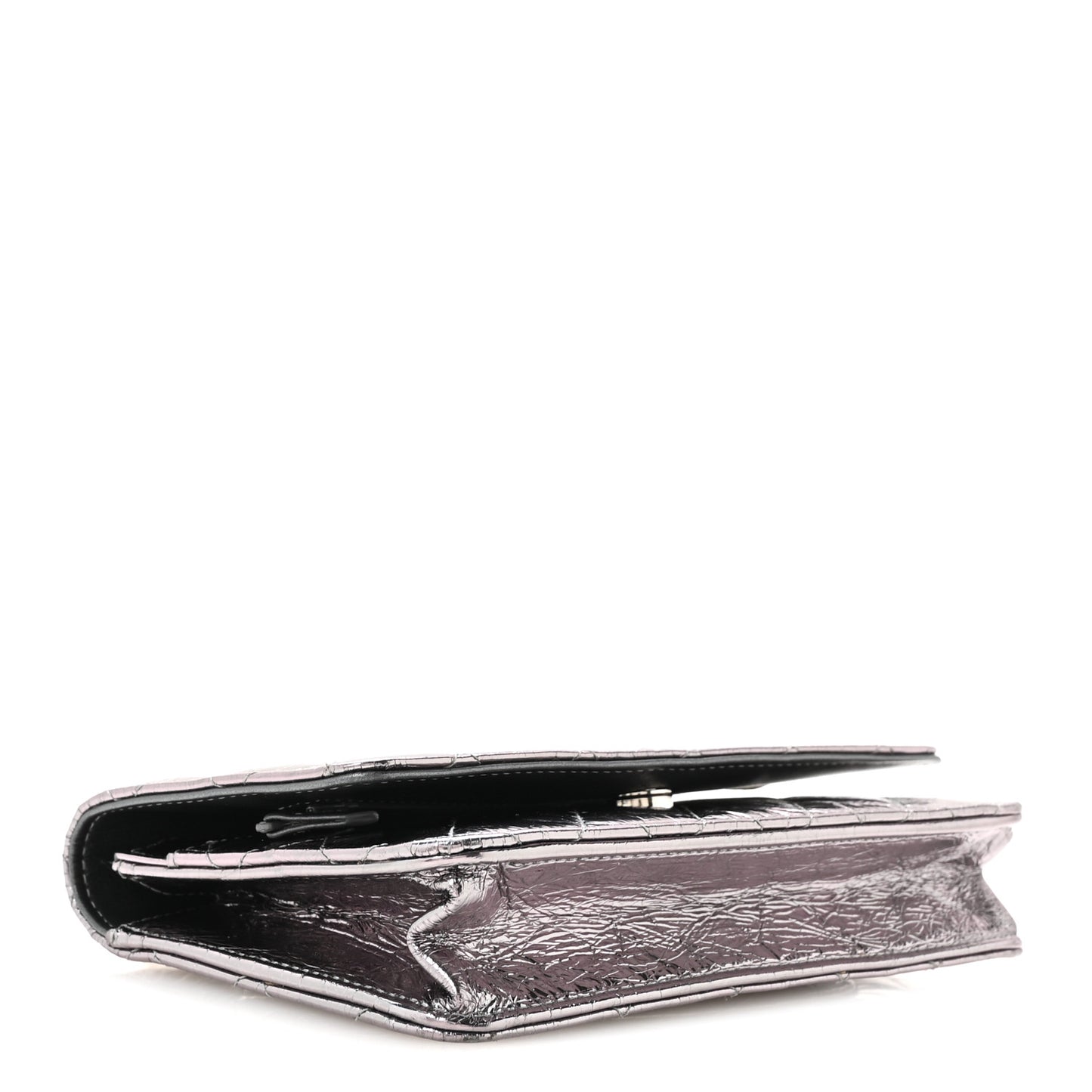 Crumpled Metallic Calfskin Quilted Ring Handle Wallet on Chain Silver