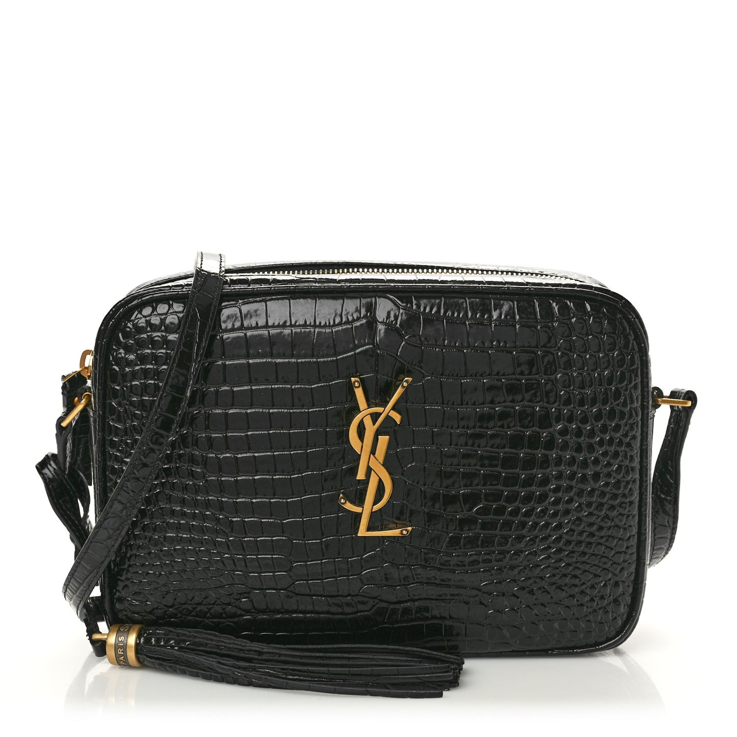 Patent Calfskin Crocodile Embossed Monogram Lou Camera Bag Black