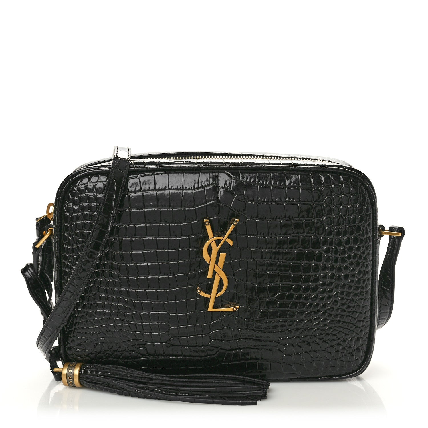 Saint Laurent Patent Calfskin Crocodile Embossed Monogram Lou Camera Bag Black 1 of 10