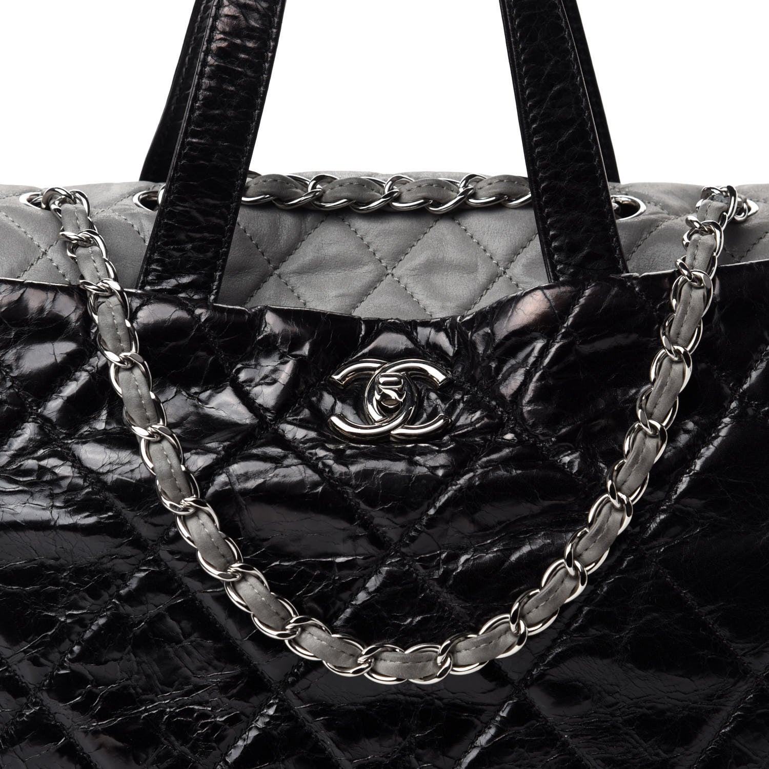 Chanel Glazed Calfskin Lambskin Quilted Portobello Tote Black Grey 10 of 10