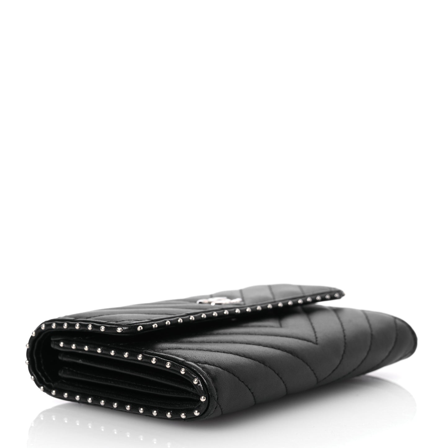 Lambskin Chevron Quilted Studded Small Flap Wallet Black