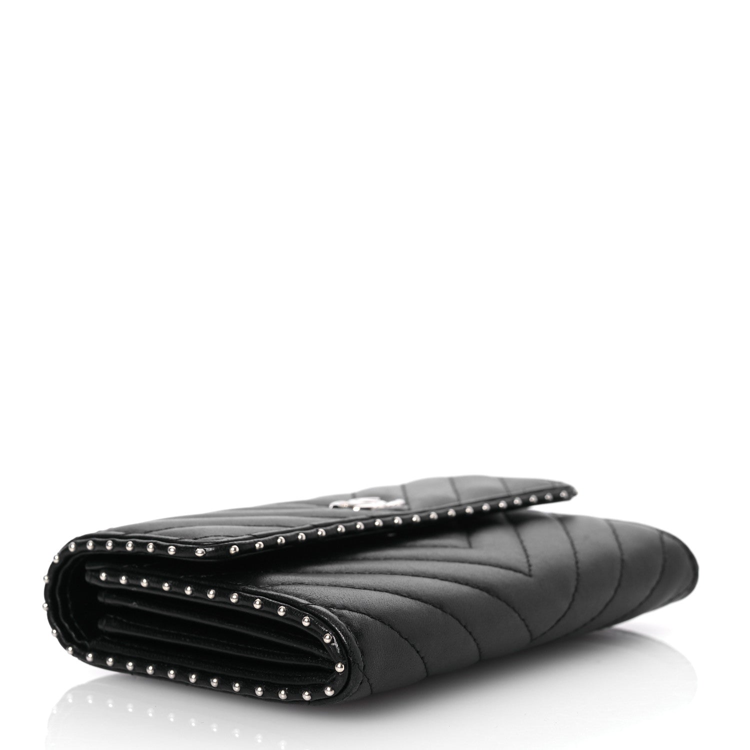 Chanel Lambskin Chevron Quilted Studded Small Flap Wallet Black 4 of 16