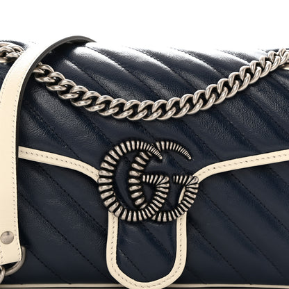 Gucci Vintage Effect Calfskin Matelasse Diagonal Small Torchon GG Marmont Shoulder Bag Blue Agata Mystic White 8 of 10