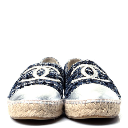 Chanel Metallic Tweed Lambskin CC Espadrilles 42 Blue Black Silver 2 of 5