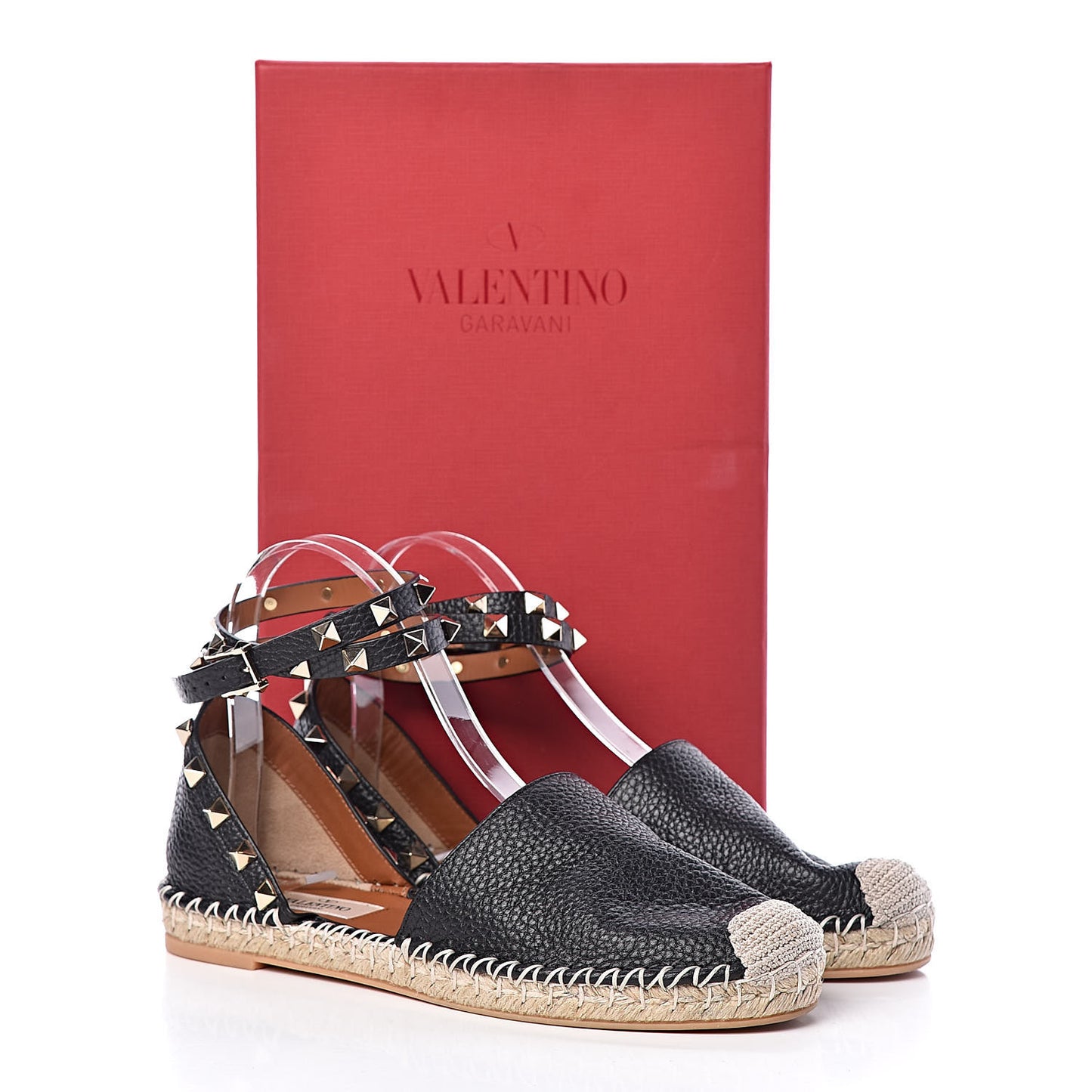 Grained Calfskin Rockstud Ankle Wrap Espadrille 20mm Flats 37 Black Light Cuir Natural