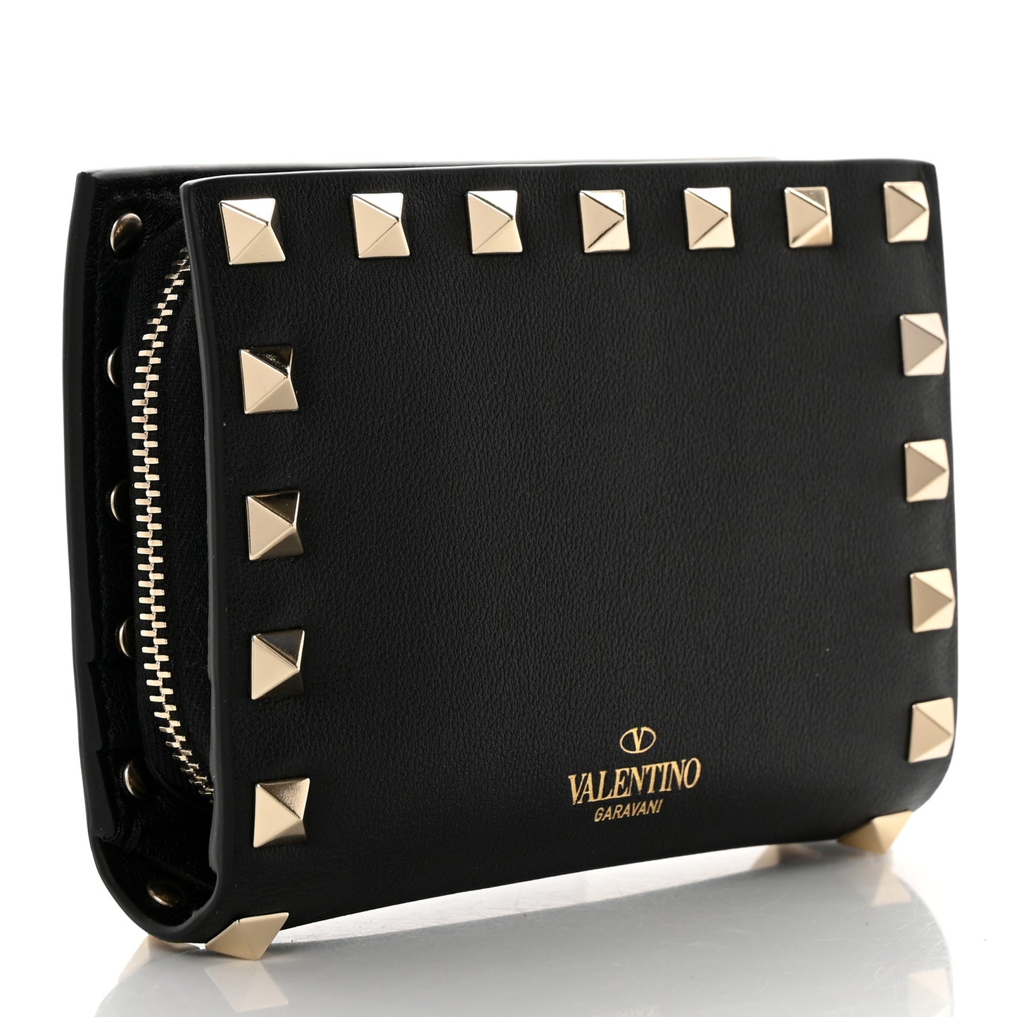 Vitello Rockstud Compact Zip Around Wallet Black