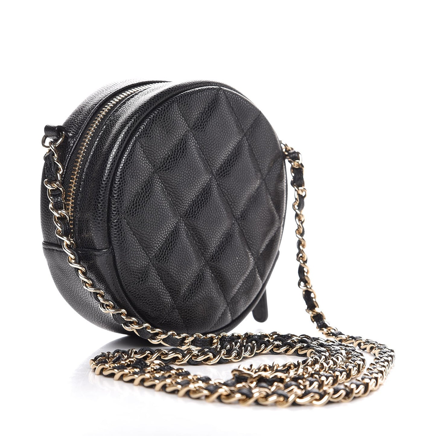 Caviar Quilted Round Clutch With Chain Black