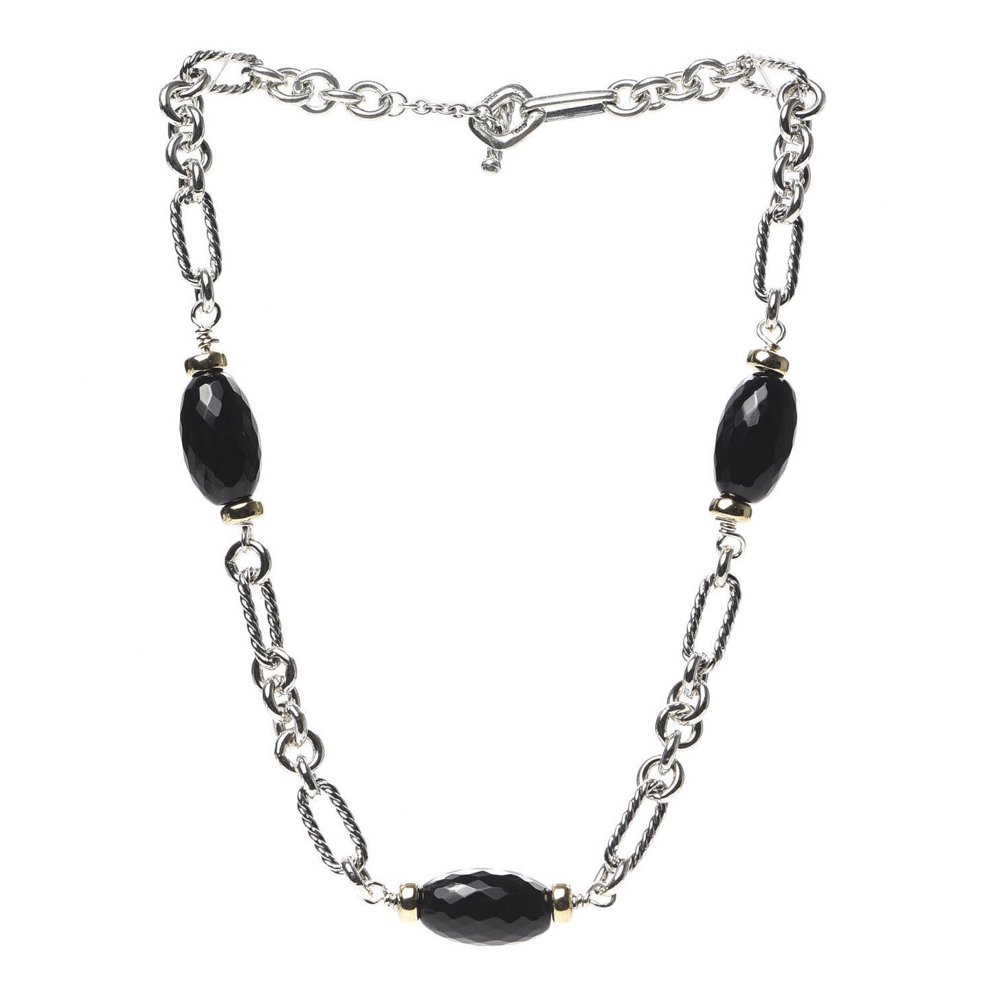 Sterling Silver 18K Yellow Gold Black Onyx Figaro Chain Necklace