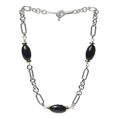 David Yurman Sterling Silver 18K Yellow Gold Black Onyx Figaro Chain Necklace 3 of 5