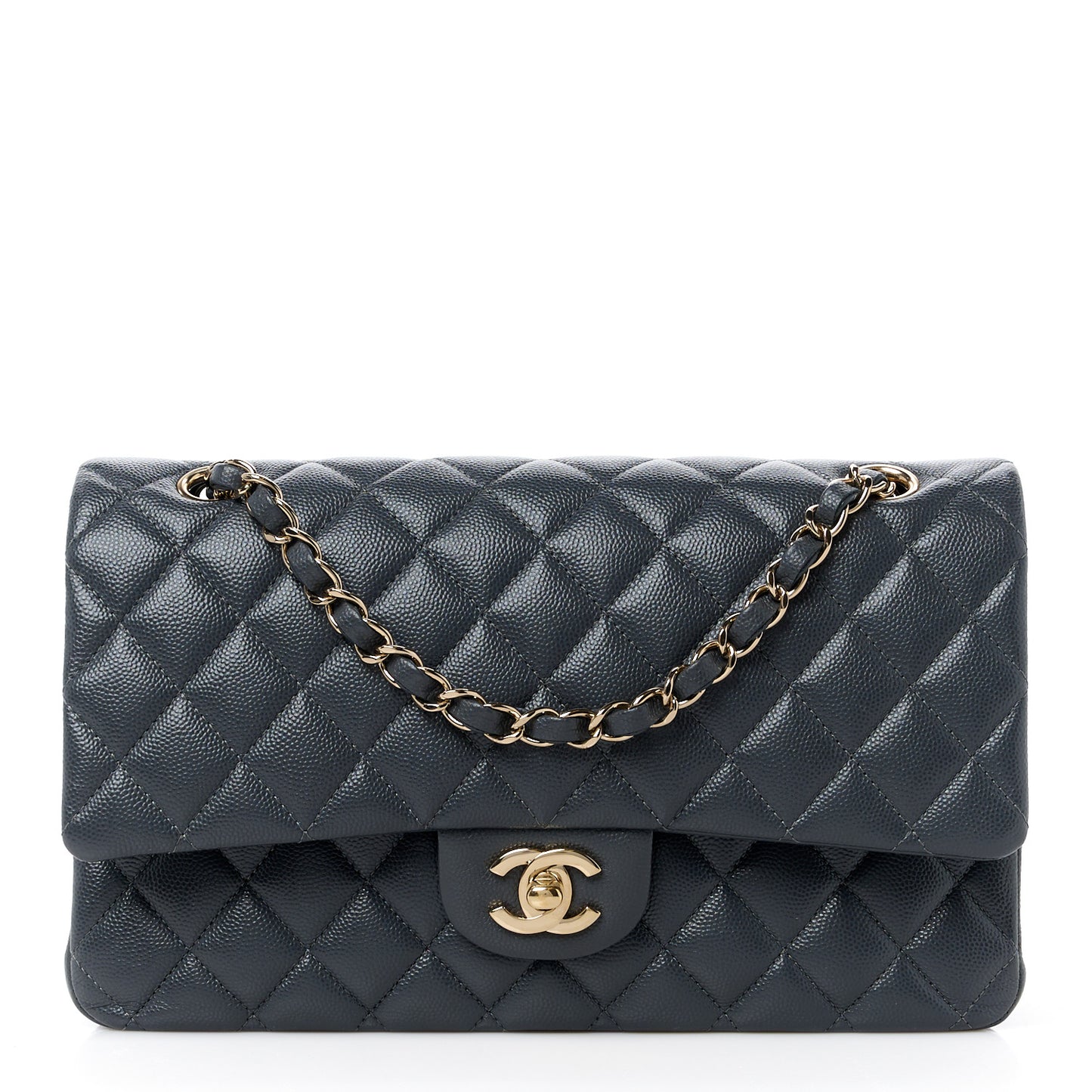 Caviar Quilted Medium Double Flap Dark Grey