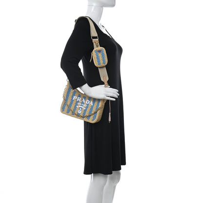 Prada Yarn Raffia Effect Crochet Striped Re-Edition 2005 Shoulder Bag Naturale Celeste 2 of 10