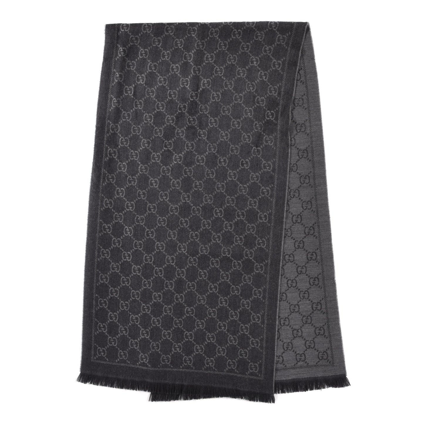 Wool Monogram Fringe Scarf Grey Black