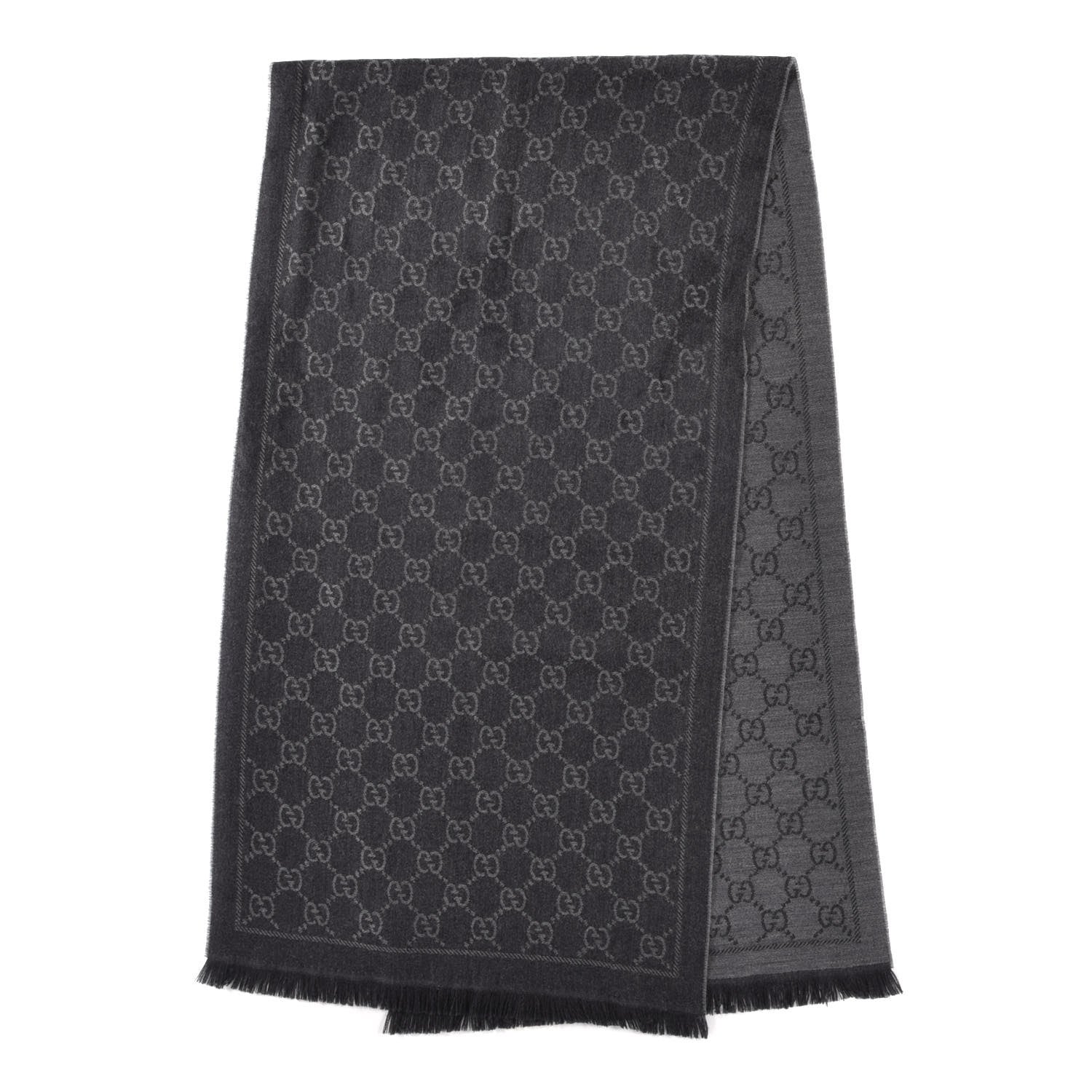 Gucci Wool Monogram Fringe Scarf Grey Black 2 of 4