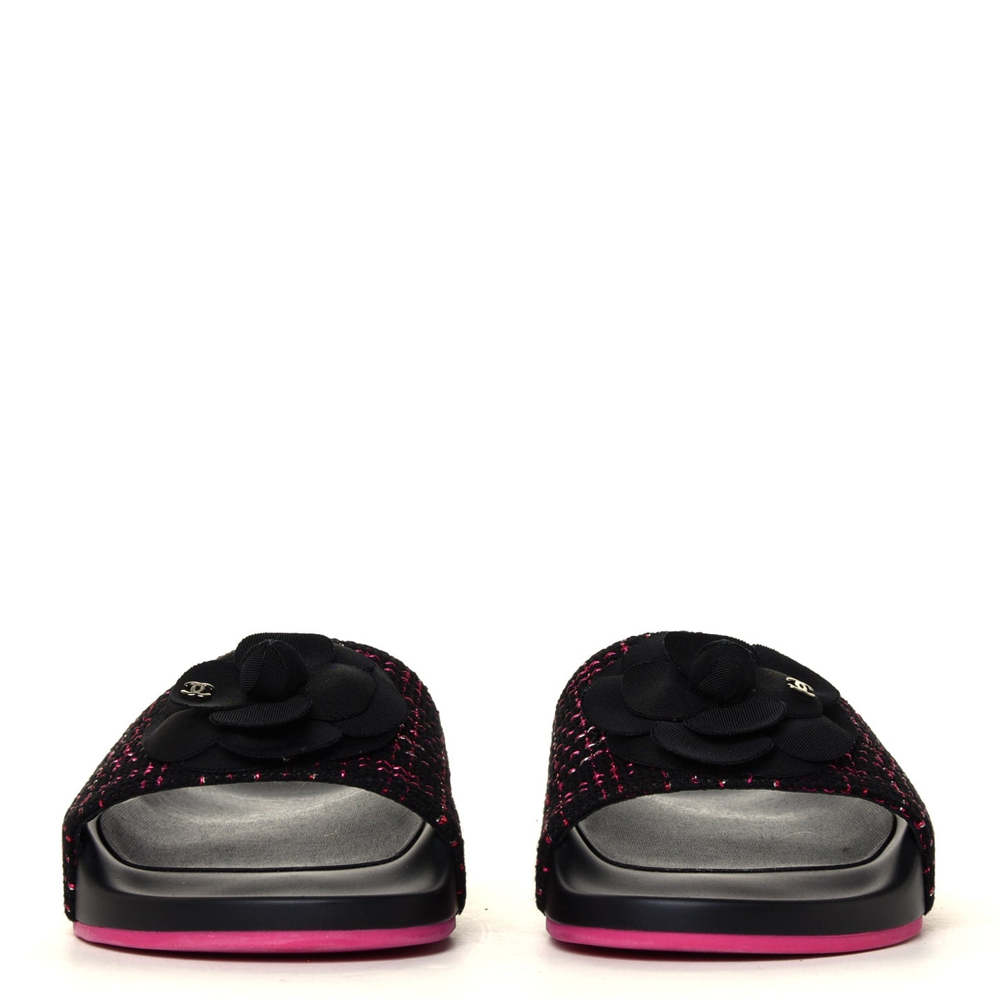 Tweed Grosgrain Camellia CC Flat Mules 40 Black Pink