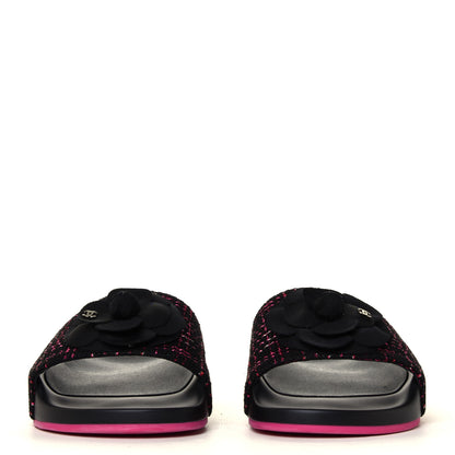 Chanel Tweed Grosgrain Camellia CC Flat Mules 40 Black Pink 4 of 12