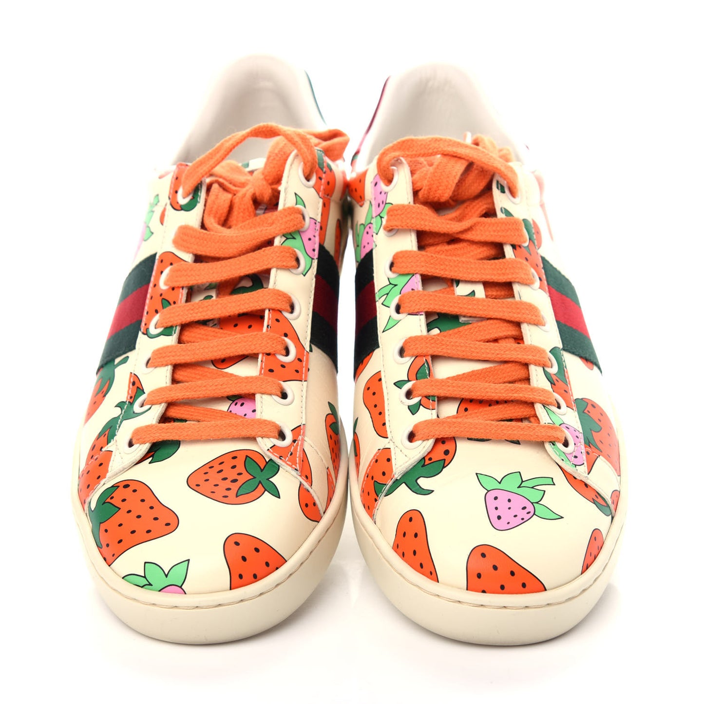 Calfskin Web Strawberry Print Womens Ace Sneakers 38.5 Ivory Red Green