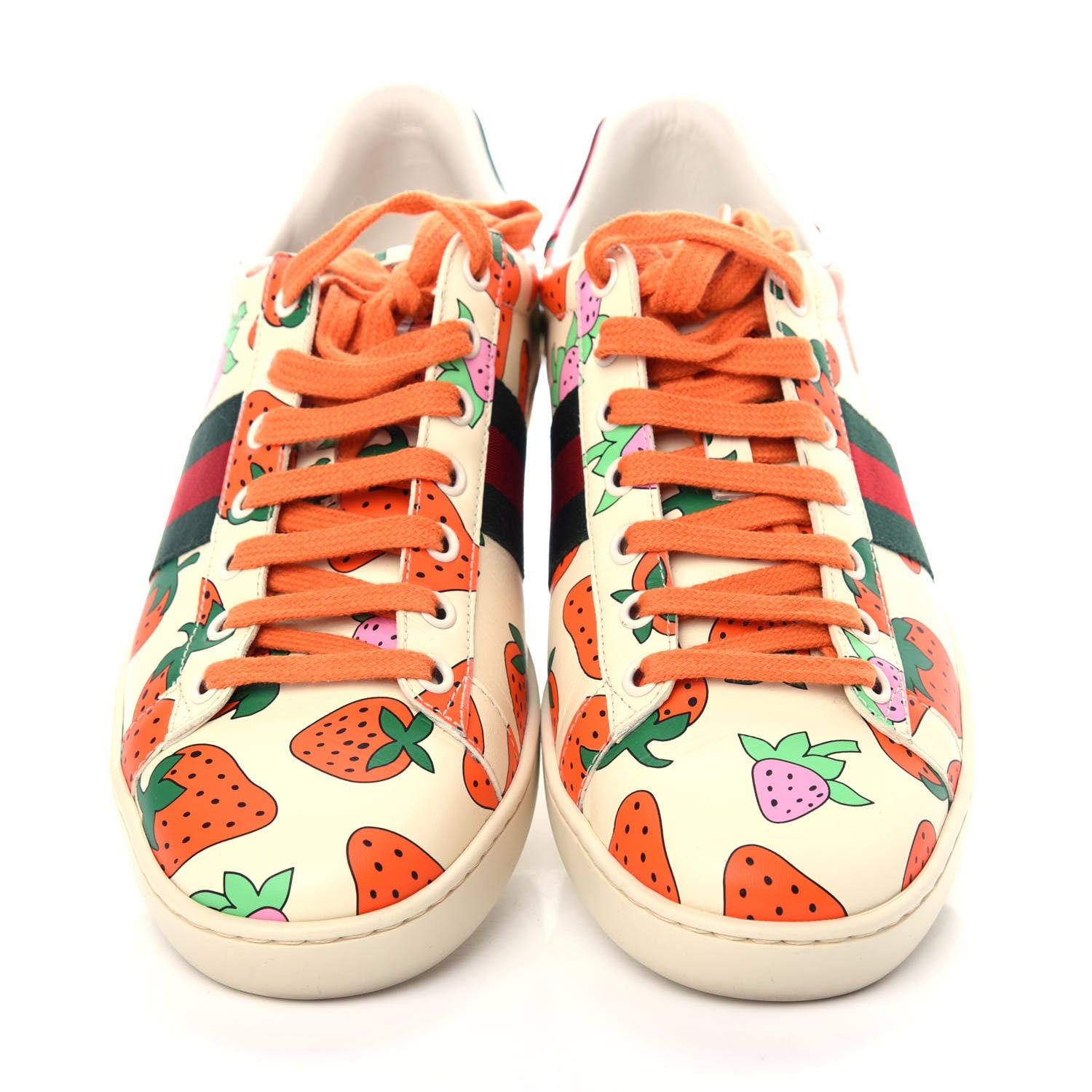 Gucci Calfskin Web Strawberry Print Womens Ace Sneakers 38.5 Ivory Red Green 5 of 11