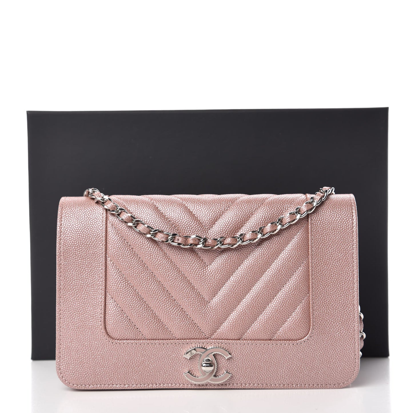 Metallic Caviar Chevron Quilted Vintage Mademoiselle Wallet On Chain WOC Pink