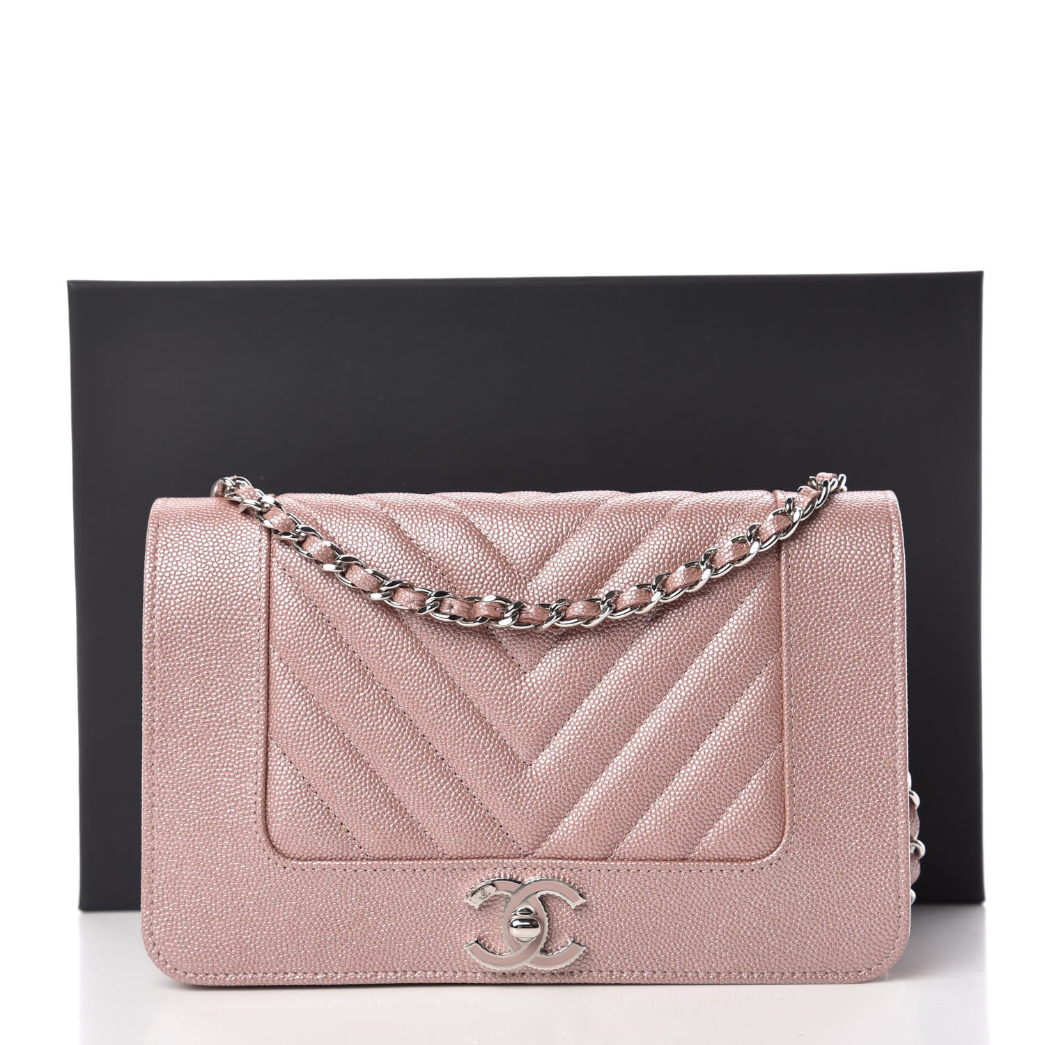 Chanel Metallic Caviar Chevron Quilted Vintage Mademoiselle Wallet On Chain WOC Pink 11 of 11