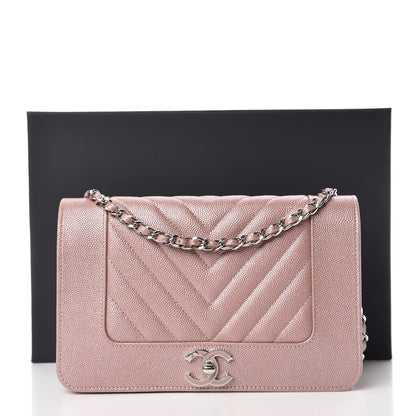 Chanel Metallic Caviar Chevron Quilted Vintage Mademoiselle Wallet On Chain WOC Pink 11 of 11