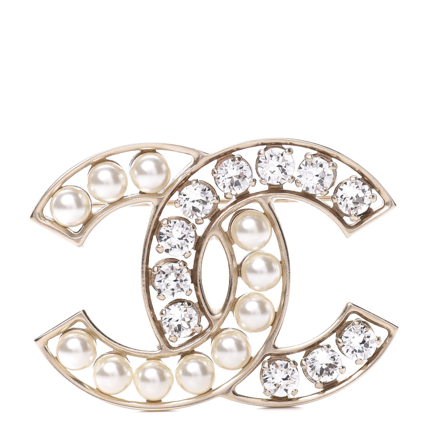Chanel Pearl Crystal CC Brooch Gold Pearly White 1 of 4