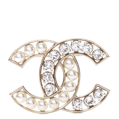 Chanel Pearl Crystal CC Brooch Gold Pearly White 1 of 4