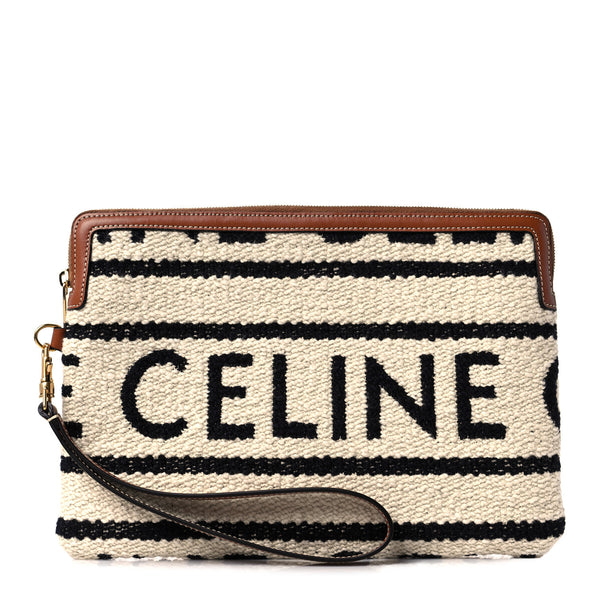 Celine All Over Textile Calfskin Striped Small Pouch White Black