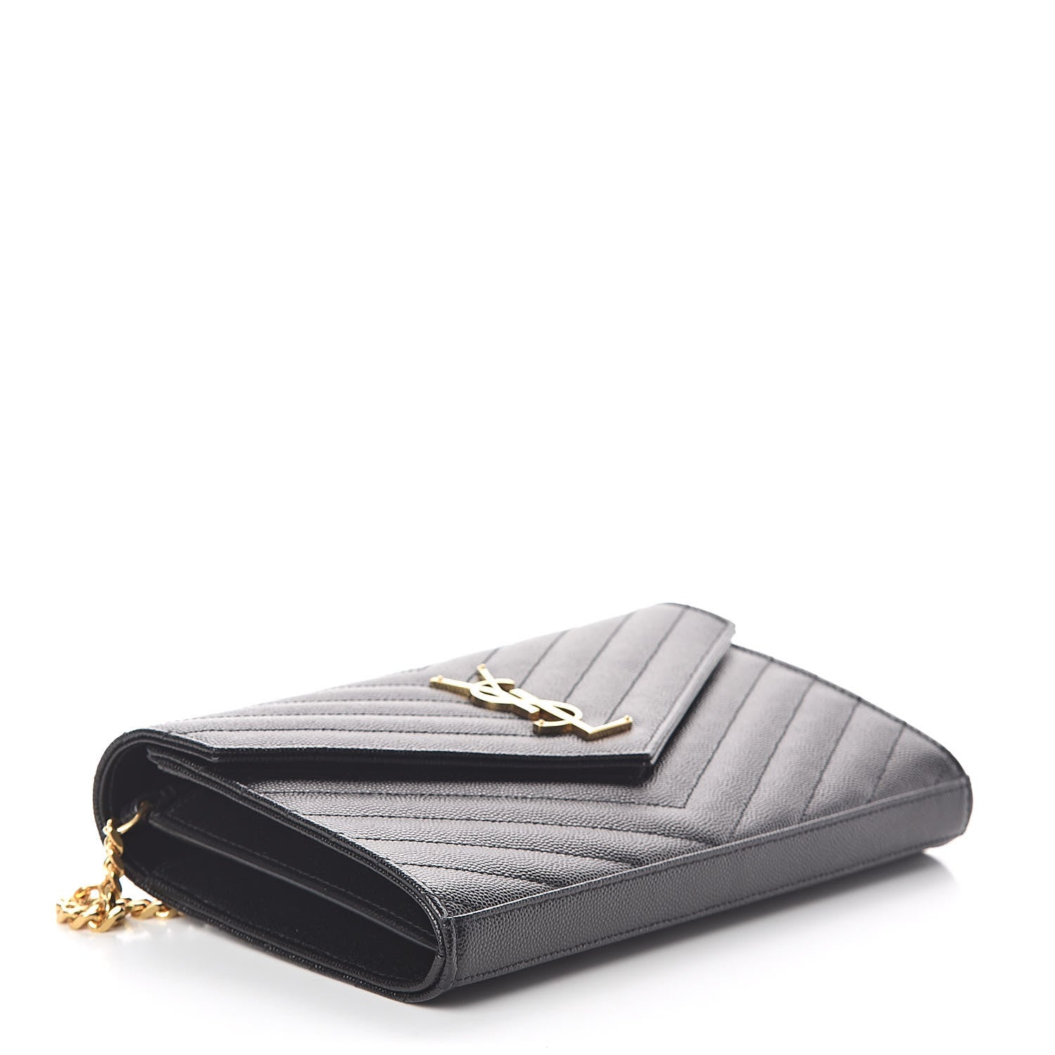 Saint Laurent Grain De Poudre Matelasse Chevron Monogram Chain Wallet Black 4 of 9