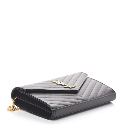 Saint Laurent Grain De Poudre Matelasse Chevron Monogram Chain Wallet Black 4 of 9