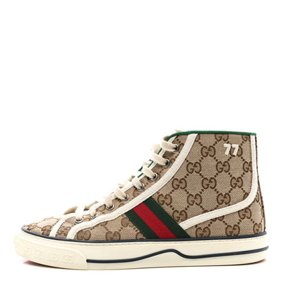 Gucci GG Monogram Web Womens 1977 Tennis High Top Sneakers 38 Beige Ebony Mystic White 1 of 7
