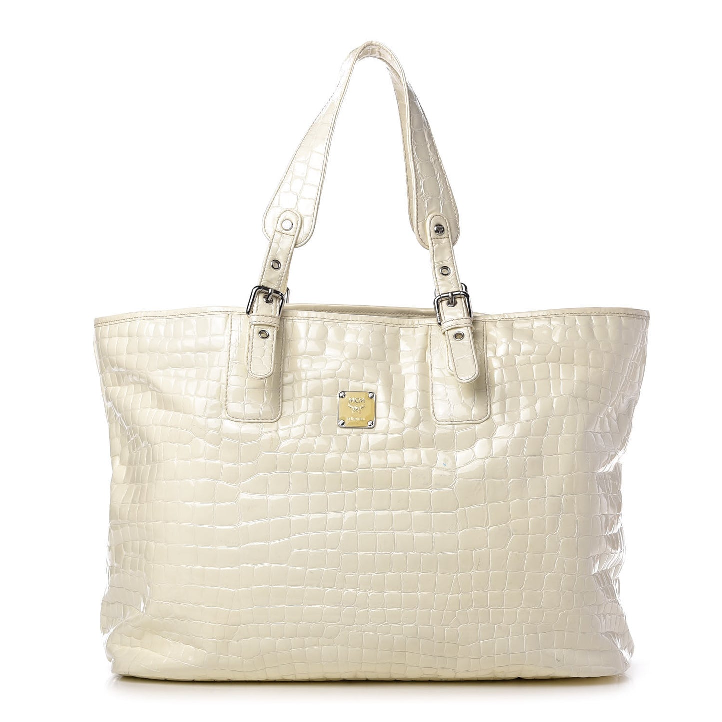 Crocodile Embossed Patent Calfskin Tote Ivory