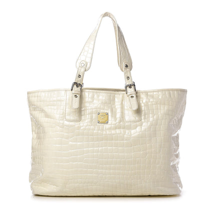MCM Crocodile Embossed Patent Calfskin Tote Ivory 1 of 9