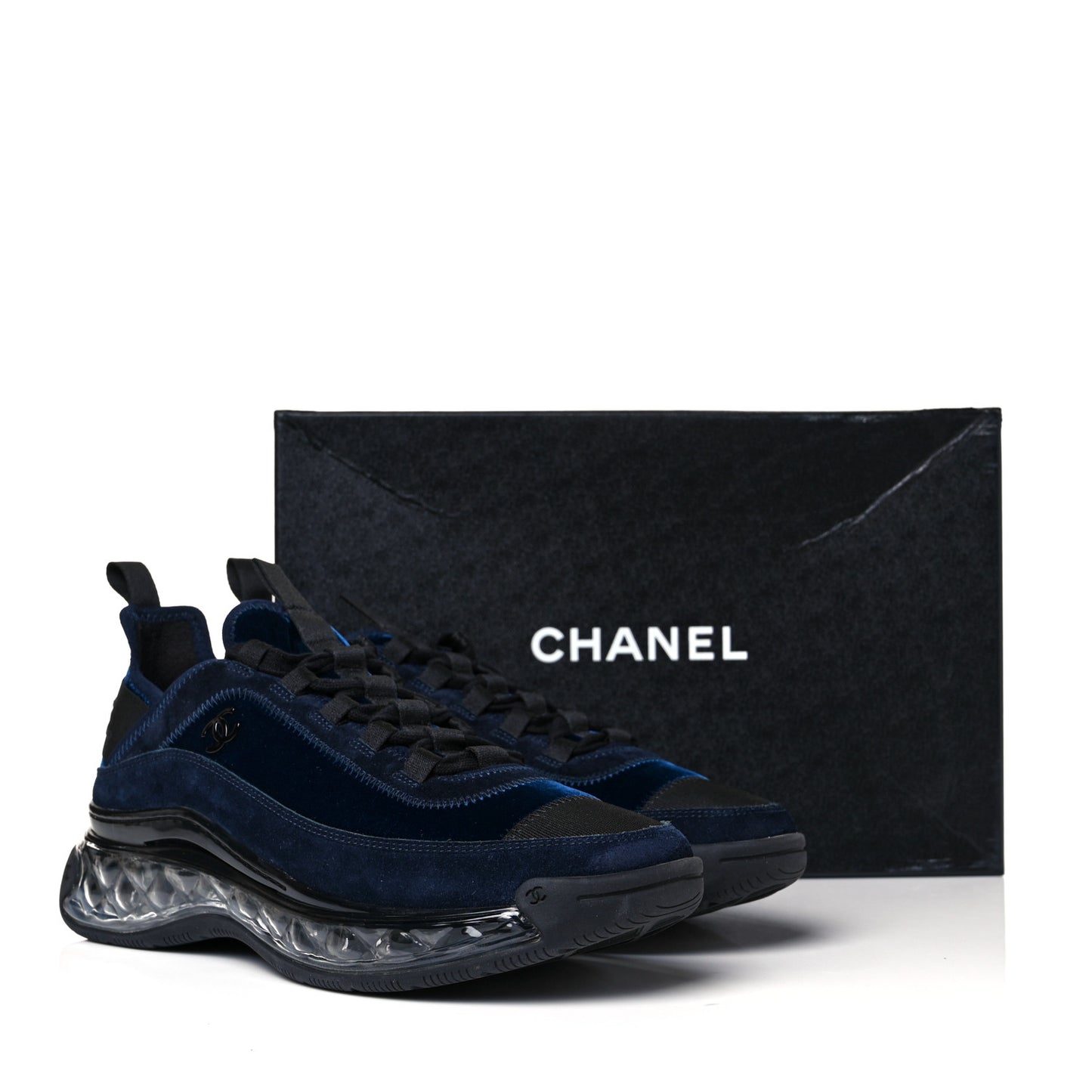 Suede Calfskin Velvet Grosgrain CC Sneakers 39.5 Navy Blue Black