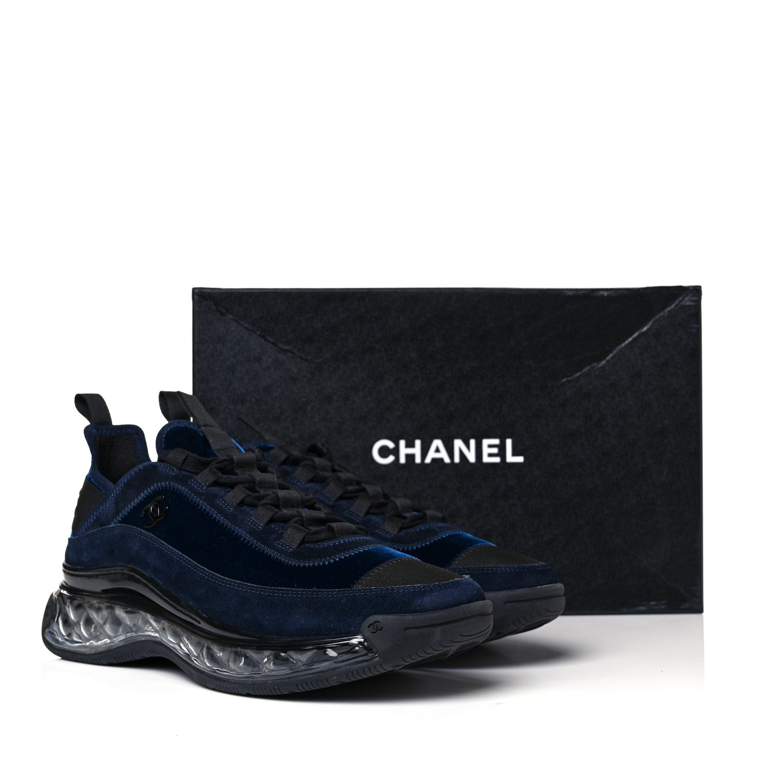 Chanel Suede Calfskin Velvet Grosgrain CC Sneakers 39.5 Navy Blue Black 9 of 9