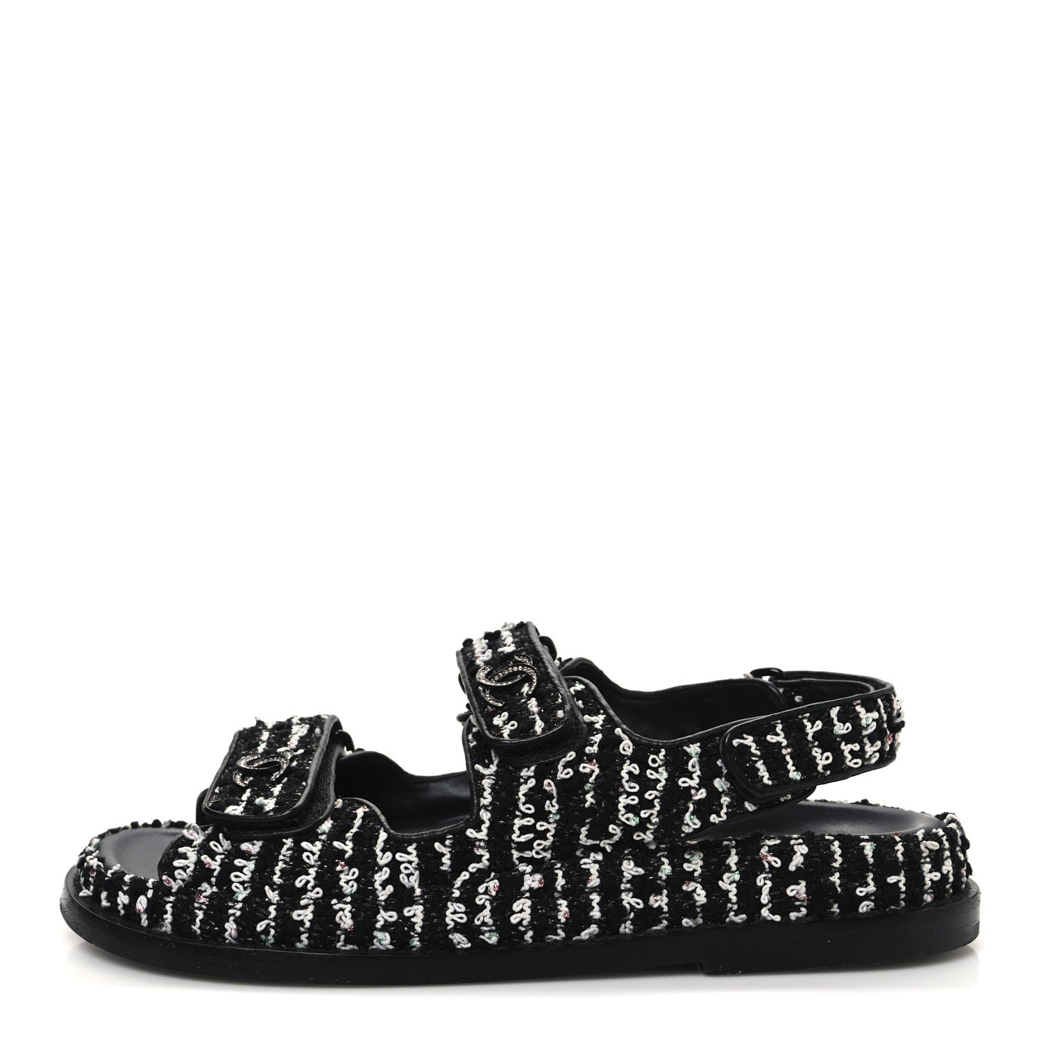 Chanel Tweed Velcro Dad Sandals 36.5 Black White 1 of 10