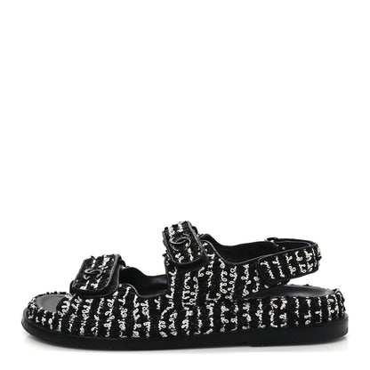 Chanel Tweed Velcro Dad Sandals 36.5 Black White 1 of 10