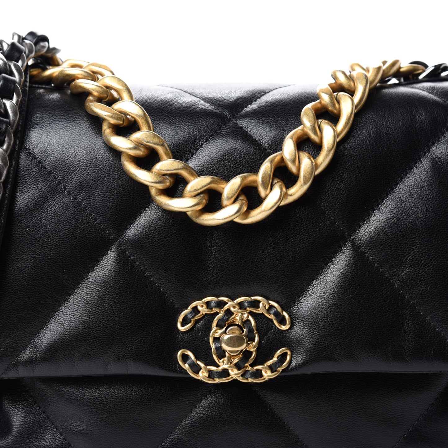 Shiny Goatskin Quilted Large Chanel 19 Flap Black